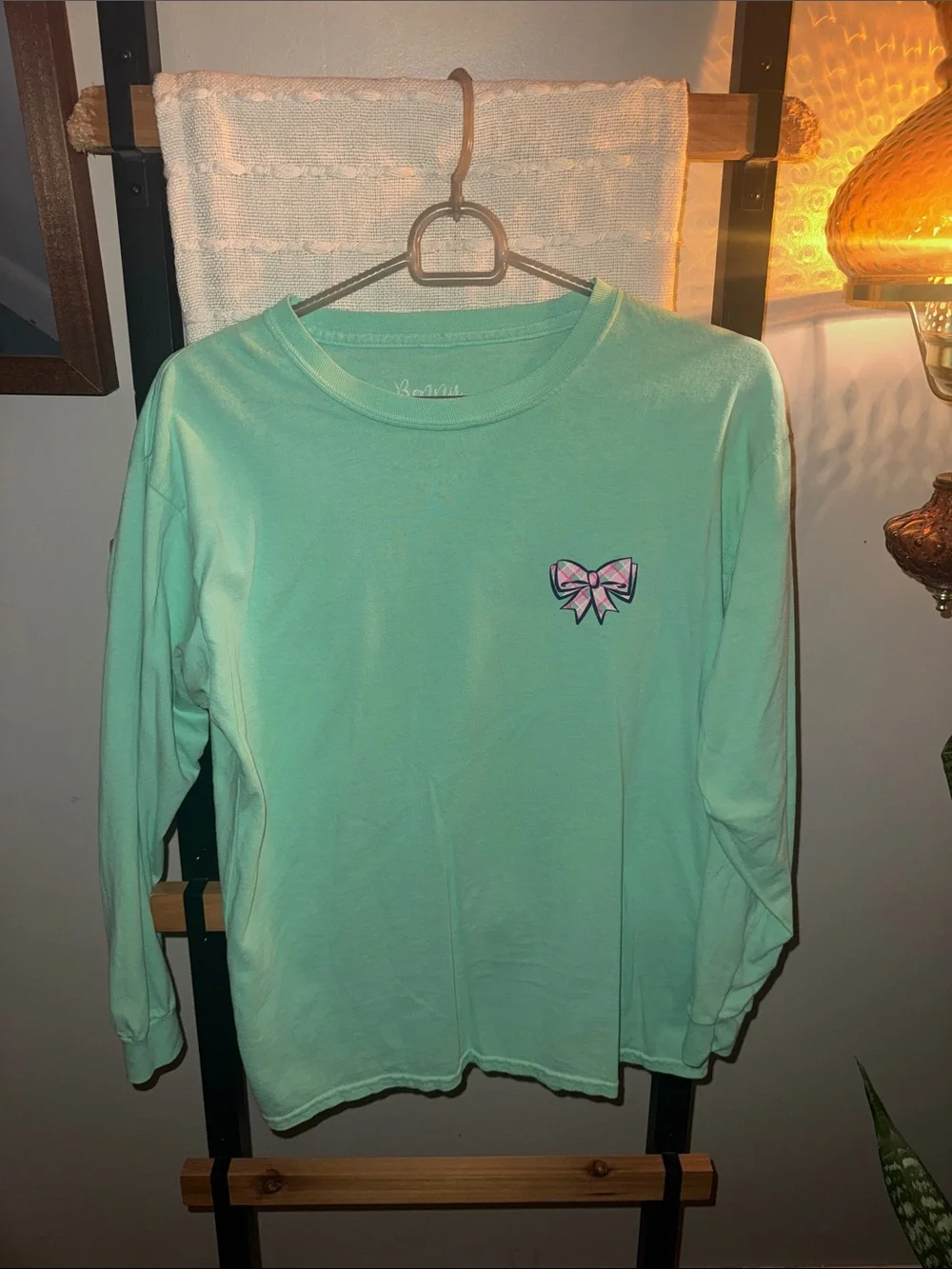Girls' Mint Long-Sleeve Tee with Pink Bow Embroidery